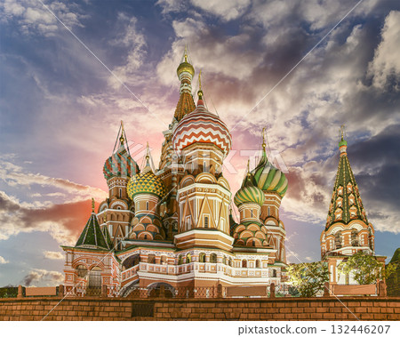 Temple of Basil the Blessed, Red Square, Moscow, Russia. Against the sunset 132446207