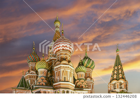 Temple of Basil the Blessed, Red Square, Moscow, Russia. Against the sunset Temple of Basil the Blessed, Red Square, Moscow, Russia. Against the sunset 132446208