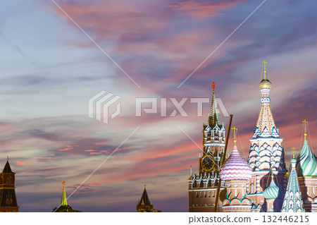 Temple of Basil the Blessed, Red Square, Moscow, Russia. Against the sunset 132446215