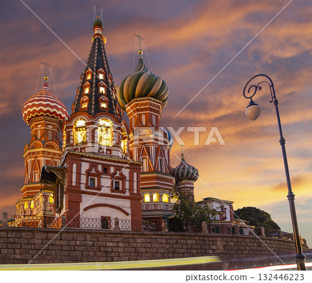 Temple of Basil the Blessed, Red Square, Moscow, Russia. Against the sunset 132446223