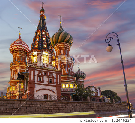 Temple of Basil the Blessed, Red Square, Moscow, Russia. Against the sunset 132446224