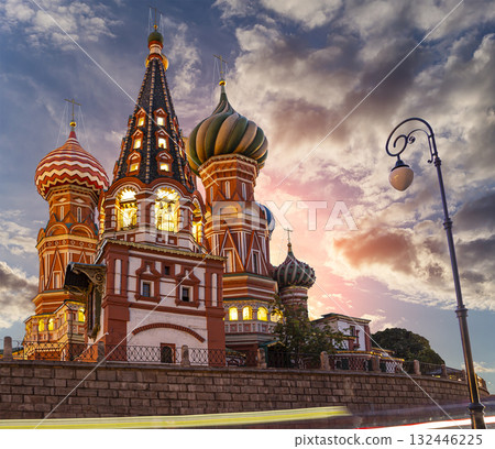 Temple of Basil the Blessed, Red Square, Moscow, Russia. Against the sunset 132446225