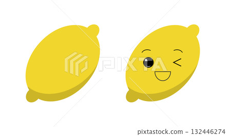 This artwork features two vibrant lemon line icons, one a classic yellow lemon and the other a playful smiling lemon face. Ideal for fresh and fruity designs, these icons add a fun touch. 132446274
