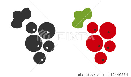 Graphic representation of red currant fruits illustrated in a line icon style. Each fruit is distinctly designed with circles and leaves, highlighting their fresh appearance and simplicity. 132446284