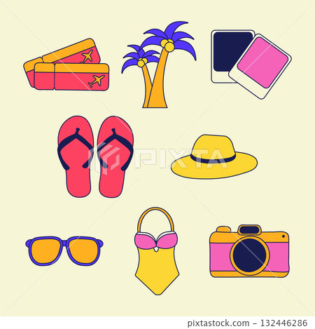 Collection of colourful Y2K-style icons displays items for a summer vacation checklist. Includes camera, swimsuit, flip-flops, palm trees, and travel tickets. 132446286