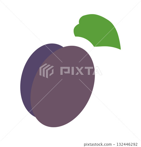 This graphic showcases simplified line icons of plums featuring a smooth, rounded shape and a green leaf. Ideal for fruit-themed projects or healthy food illustrations. 132446292