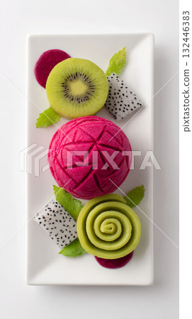 Food art showcases vibrant dessert sculpture with colorful fruit and creative plating for a stunning culinary presentation Food art showcases vibrant dessert sculpture with colorful fruit and creative plating for a stunning culinary presentation 132446383