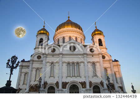 Night view of the Christ the Savior Cathedral with the super moon, Moscow, Russia 132446439