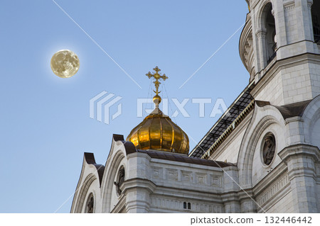 Night view of the Christ the Savior Cathedral with the super moon, Moscow, Russia Night view of the Christ the Savior Cathedral with the super moon, Moscow, Russia 132446442