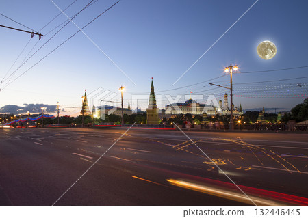 Night view of the Moscow Kremlin, Russia (the most popular view). Against the background of a beautiful sky with the moon 132446445