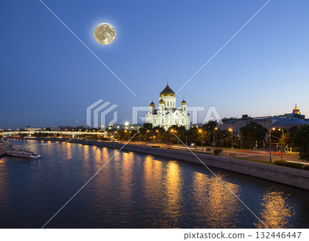 Night view of the Moskva River and the Christ the Savior Cathedral with the super moon, Moscow, Russia Night view of the Moskva River and the Christ the Savior Cathedral with the super moon, Moscow, Russia 132446447
