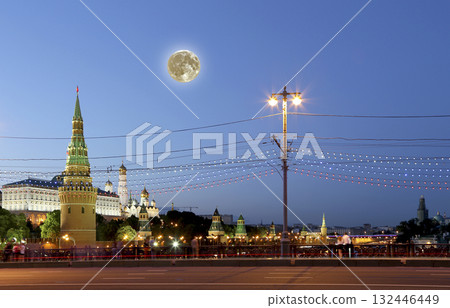 Night view of the Moscow Kremlin, Russia (the most popular view). Against the background of a beautiful sky with the moon Night view of the Moscow Kremlin, Russia (the most popular view). Against the background of a beautiful sky with the moon 132446449