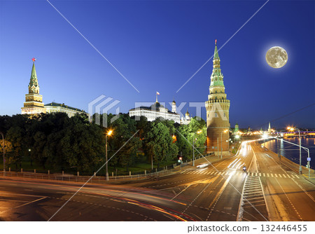 Night view of the Moscow Kremlin, Russia (the most popular view). Against the background of a beautiful sky with the moon Night view of the Moscow Kremlin, Russia (the most popular view). Against the background of a beautiful sky with the moon 132446455