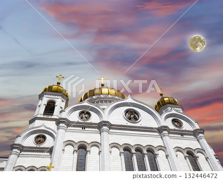 View of the Christ the Savior Cathedral. Against the sunset with the super moon, Moscow, Russia View of the Christ the Savior Cathedral. Against the sunset with the super moon, Moscow, Russia 132446472