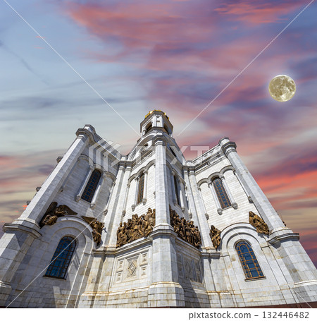 View of the Christ the Savior Cathedral. Against the sunset with the super moon, Moscow, Russia 132446482