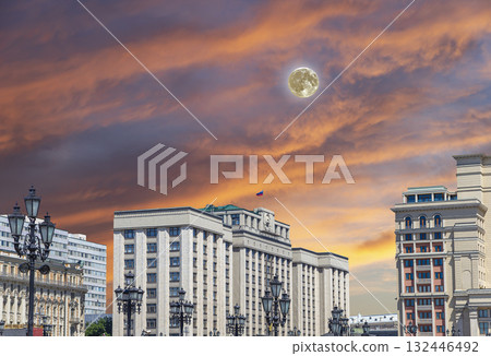 Building of The State Duma of the Federal Assembly of Russian Federation on a beautiful sky with cloud before sunset background (with the super moon), Moscow, Russia Building of The State Duma of the Federal Assembly of Russian Federation on a beautiful sky with cloud before sunset background (with the super moon), Moscow, Russia 132446492