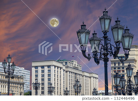 Building of The State Duma of the Federal Assembly of Russian Federation on a beautiful sky with cloud before sunset background (with the super moon), Moscow, Russia 132446496