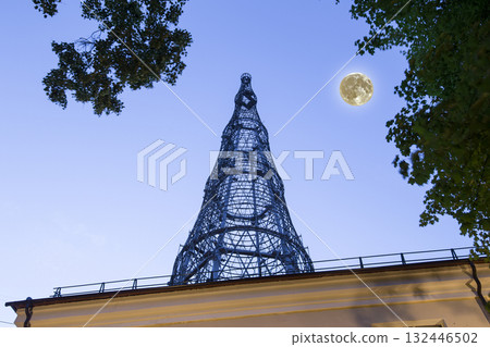 Shukhov radio tower or Shabolovka tower (at night with the super moon) in Moscow, Russia 132446502