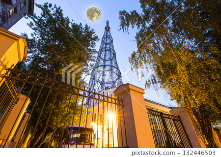 Shukhov radio tower or Shabolovka tower (at night with the super moon) in Moscow, Russia 132446503