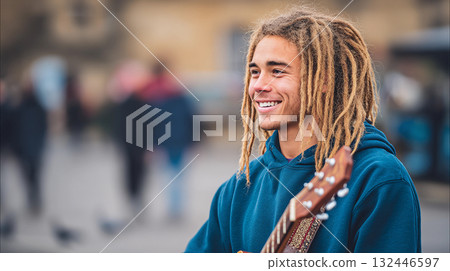 Young musician smiles while playing guitar outdoors in a crowded square surrounded by people enjoying the day 132446597