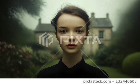 Young woman stands confidently in a lush garden in front of an old house, surrounded by greenery, creating a serene and dreamy atmosphere on a misty day 132446603