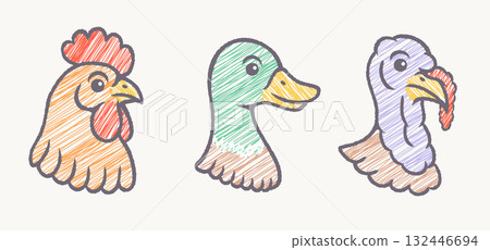 Vector set illustrations of turkey, chicken and duck heads in retro doodle style. Vintage illustrations of turkey, rooster and duck Vector set illustrations of turkey, chicken and duck heads in retro doodle style. Vintage illustrations of turkey, rooster and duck 132446694