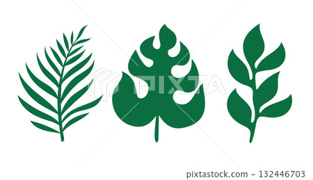 Vector set icons of tropical leaves. Vector clip art of tropical leaf in flat style. Vector set icons of tropical leaves. Vector clip art of tropical leaf in flat style. 132446703