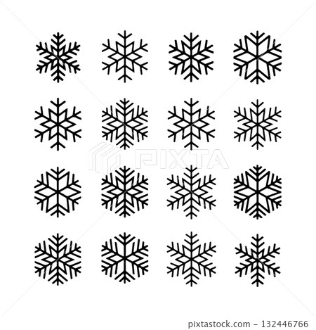 Variety of black and white snowflake patterns on clean background for winter-themed design 132446766