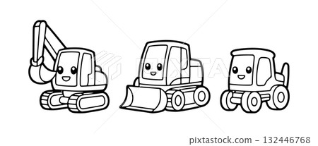 Happy cartoon construction vehicles at work in a bright, playful style for children and young audiences 132446768