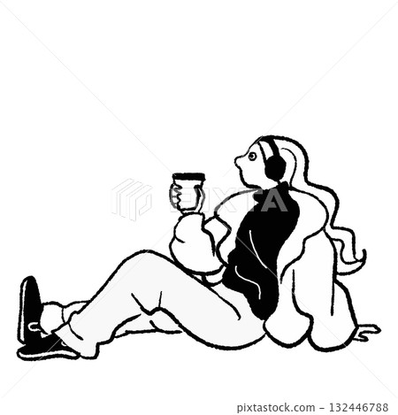 時尚女人坐著拿著咖啡向量線畫 時尚女人坐著拿著咖啡向量線畫 132446788