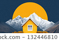 Mountain landscape with a bright yellow house under a large sun and starry sky, showcasing a vibrant natural scene 132446810