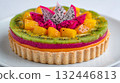 Colorful fruit tart decorated with dragon fruit, kiwi, and mango served on a white plate at a bright kitchen during the afternoon 132446813