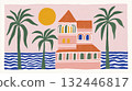 Colorful coastal landscape featuring a charming house, swaying palms, and a bright sun in a serene sea setting. Modern horizontal poster. 132446817