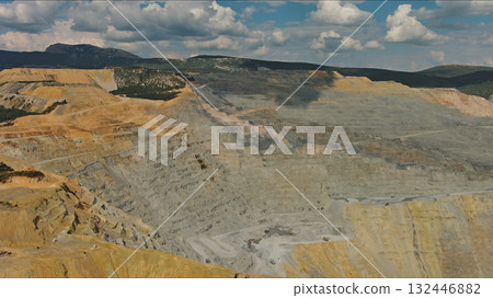 Aerial of open mine and heavy mining equipment 132446882