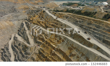 Aerial of open mine and heavy mining equipment Aerial of open mine and heavy mining equipment 132446883