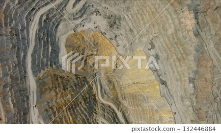 Aerial of open mine and heavy mining equipment Aerial of open mine and heavy mining equipment 132446884
