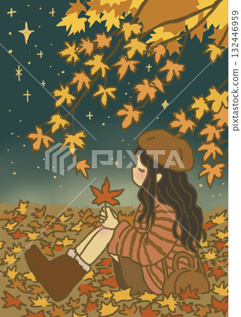 Girl sitting under a branch of autumn leaves 132446959