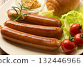 Juicy sausages served on a plate 132446966