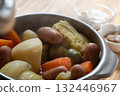 A steaming pot of pot-au-feu, a home-cooked vegetable and meat stew 132446967
