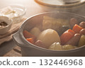 A steaming pot of pot-au-feu, a home-cooked vegetable and meat stew 132446968
