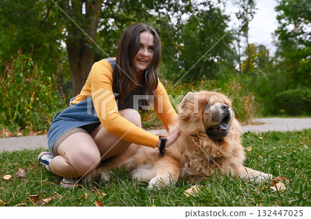 Young woman and her dog are relaxing in a park. Young adult woman with a Chow Chow outdoor Young woman and her dog are relaxing in a park. Young adult woman with a Chow Chow outdoor 132447025