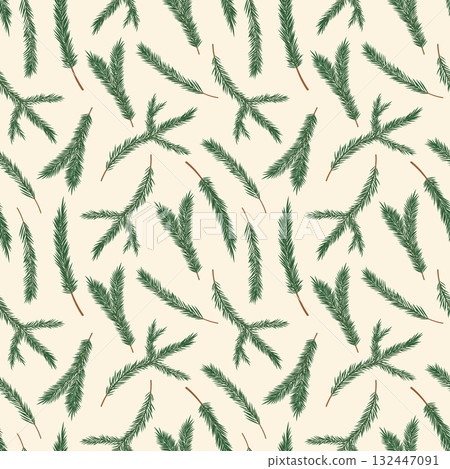 Fir tree branches vector seamless pattern. Green pine twigs with needles on light cream background. Botanical winter evergreen conifer repeat design for Christmas, wrapping, seasonal festive prints 132447091