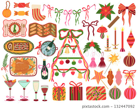 Christmas party vector set. Festive clipart with holiday food, drinks, gifts, ornaments, candles, decorations isolated on white background. Colorful playful xmas elements for card, celebration design 132447092