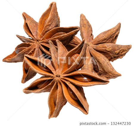 Whole star anise with seeds, close-up, isolated background 132447230