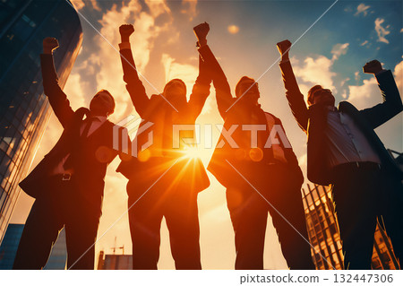 商人勝利姿勢和日落 132447306