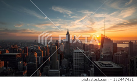 New York City skyline at sunset with tall skyscrapers and city lights reflecting on the river. New York City skyline at sunset with tall skyscrapers and city lights reflecting on the river. 132447451