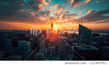 New York City skyline at sunset with tall skyscrapers and city lights reflecting on the river. New York City skyline at sunset with tall skyscrapers and city lights reflecting on the river. 132447452