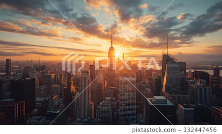 New York City skyline at sunset with tall skyscrapers and city lights reflecting on the river. 132447456