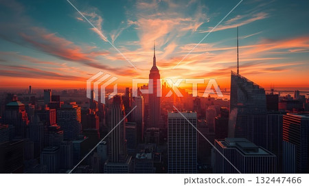 New York City skyline at sunset with tall skyscrapers and city lights reflecting on the river. 132447466