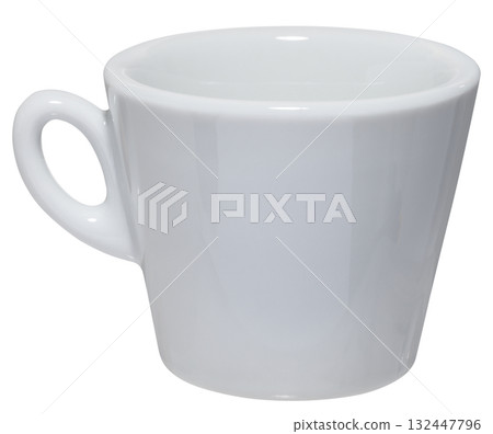 Classic white ceramic coffee cup with a handle, widening towards the top, isolated on white background. 132447796